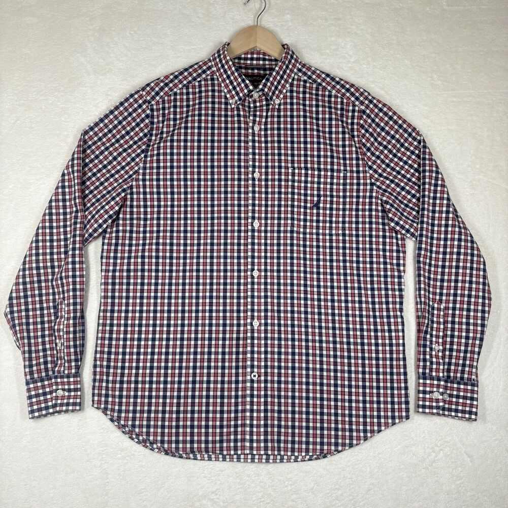 Nautica Shirt Mens L Red Blue Check Plaid Button Down Long Sleeve Casual Office